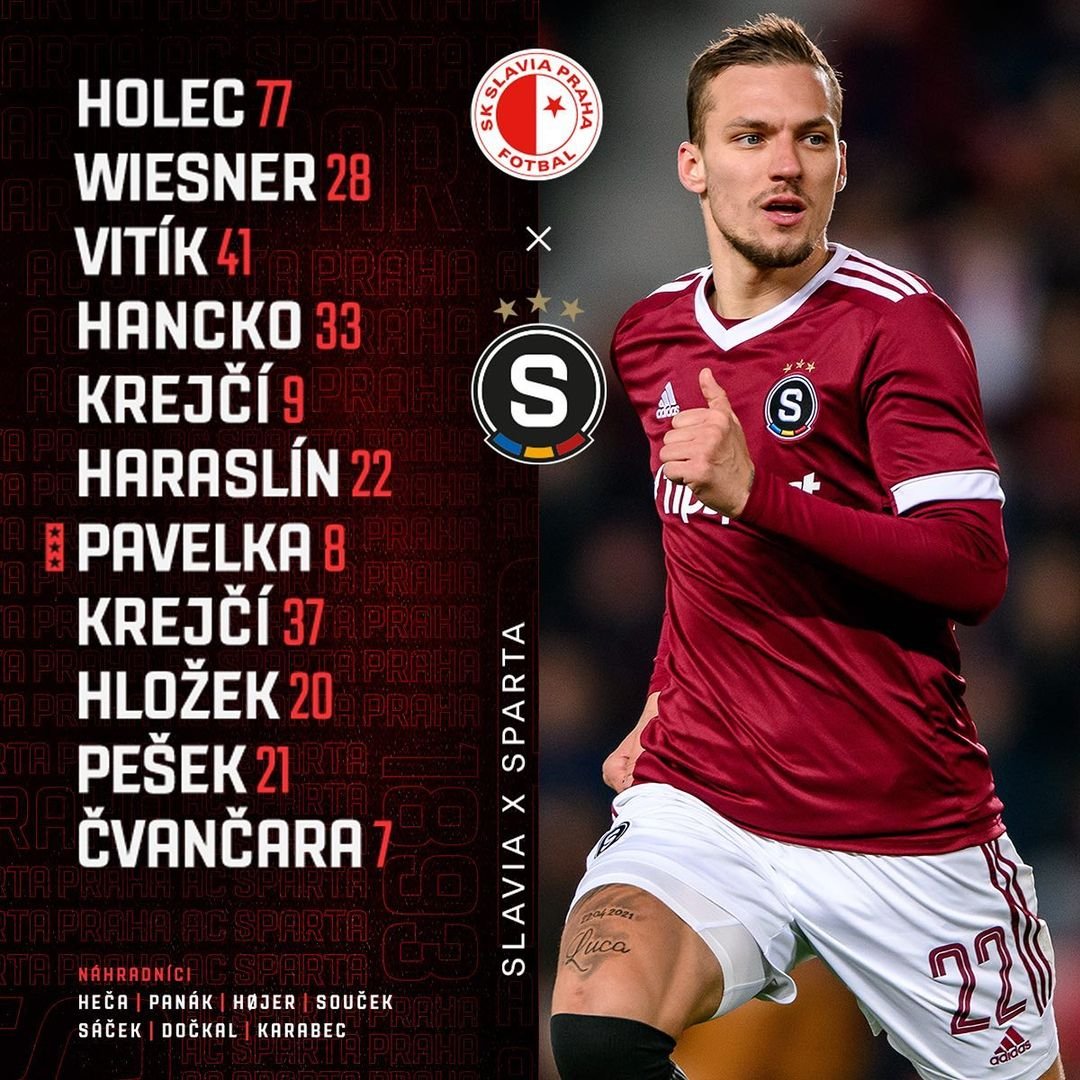 1️⃣1️⃣ SESTAVA | Do 302. derby  nastoupíme ve složení:

? Holec - Wiesner, Vitík, Hancko, Laco Krejčí - Haraslín, Pavelka, LK37, Hložek, Pešek - Čvančara.

? Zdraví do hry nepustí Juliše, Pulkraba, Čelůstku a Minčeva. #acsparta